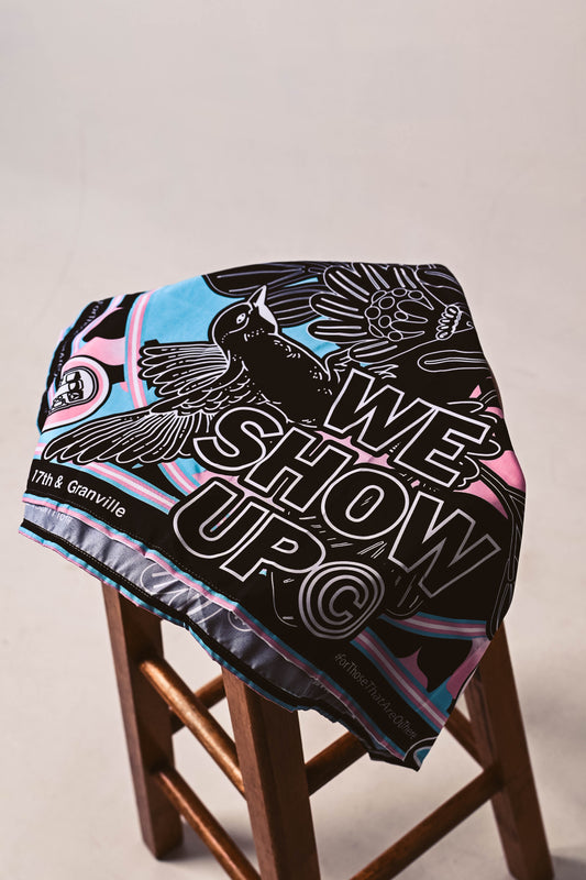 We Show Up Bandana in Black, White, Blue and Pink