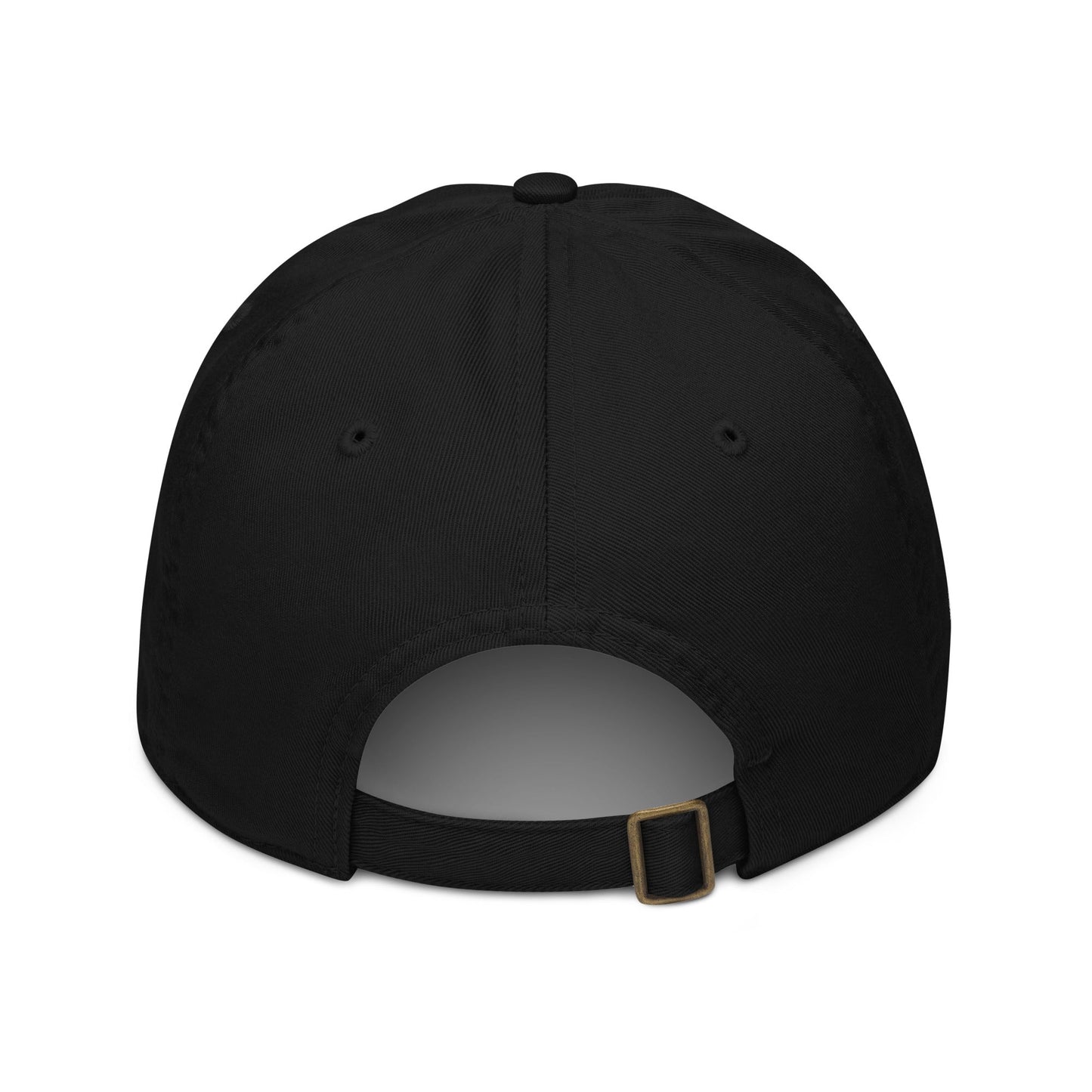 The image showcases the back view of a black baseball cap by 17th & Granville, crafted from organic cotton and adorned with embroidery. It includes a curved opening and a brass buckle strap for easy size adjustment, combining style with sustainability.