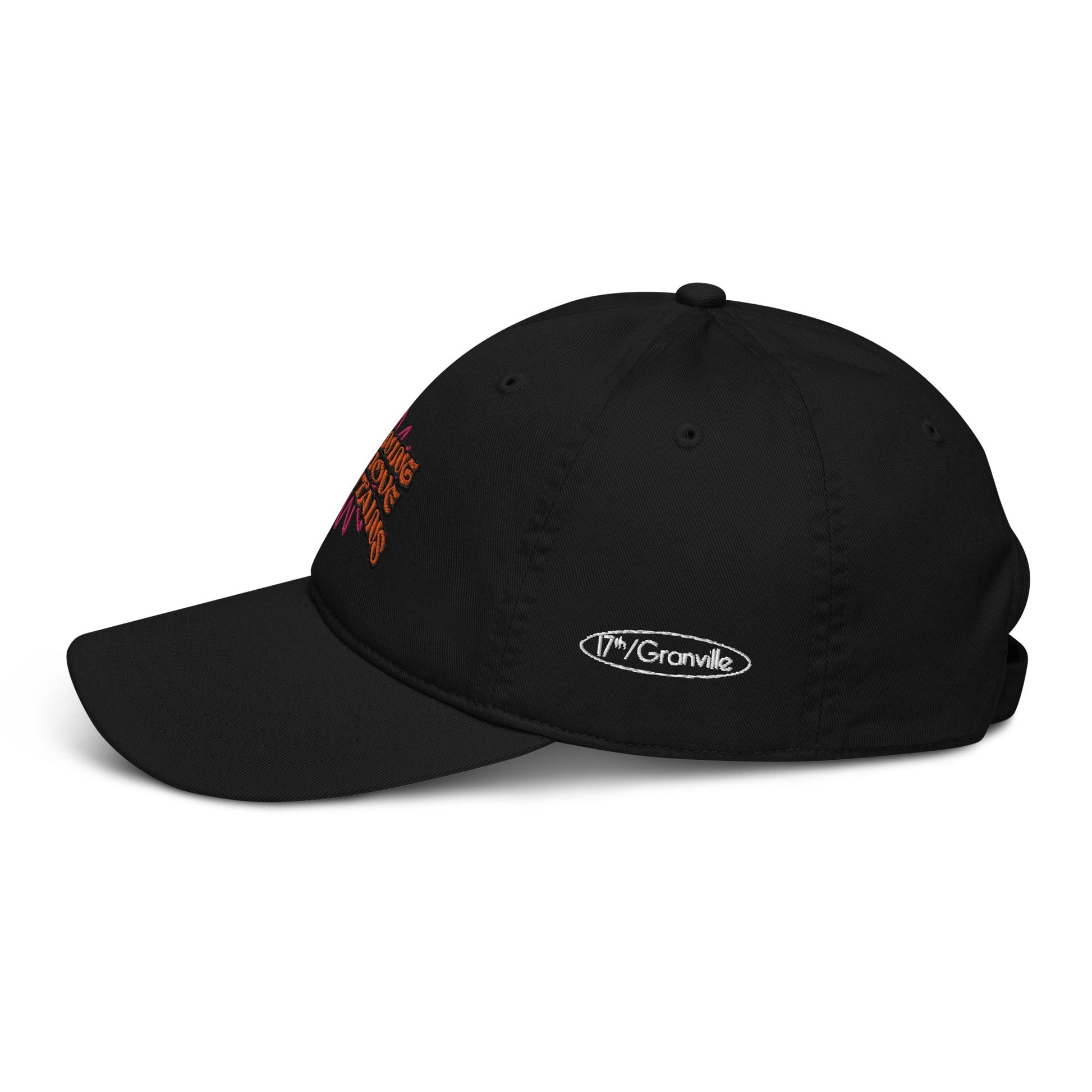 A black baseball cap crafted from organic cotton by 17th & Granville, featuring an orange embroidered text logo on the front and a white 1PT/Granville logo on the side. The Eintou cap is positioned facing left against a plain white background.