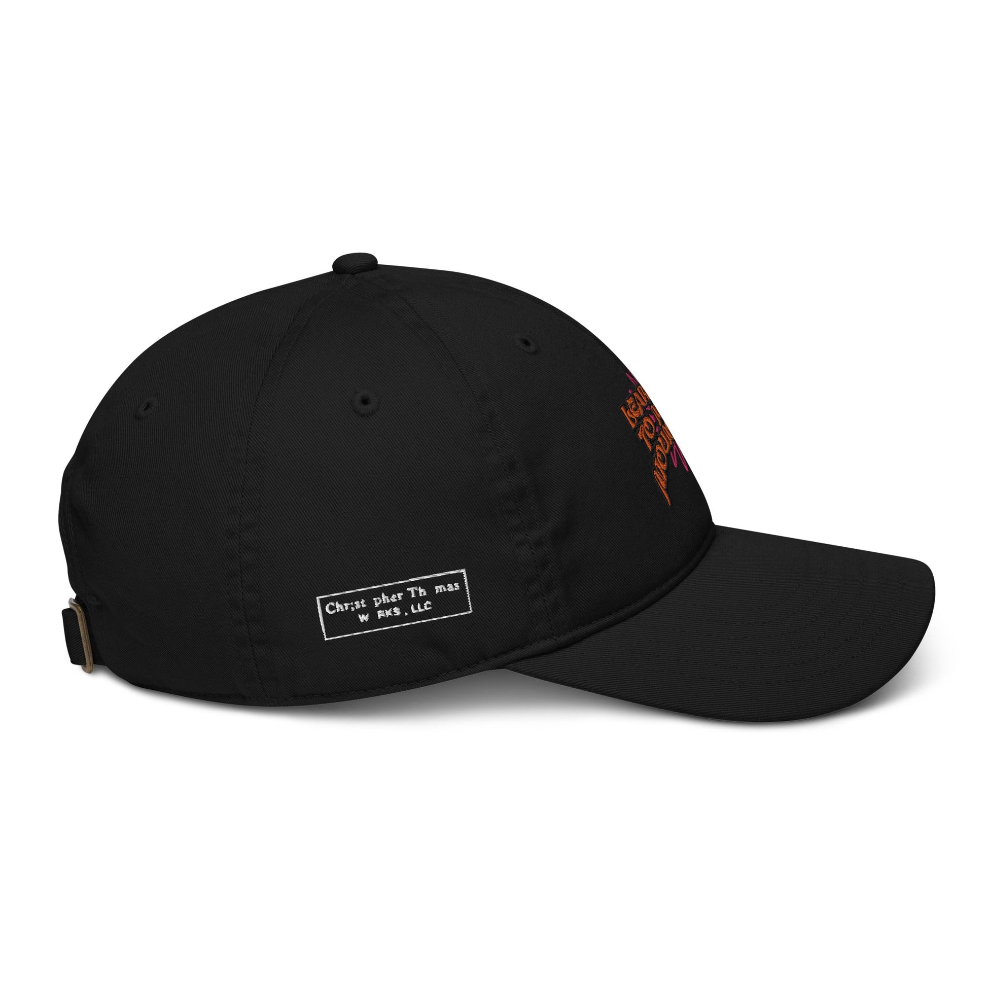 This black baseball cap from 17th & Granville is crafted from organic cotton and features a vibrant abstract design on the side. It includes a small white label near the back and an adjustable strap with a metallic buckle, combining style with comfort effortlessly through its embroidered detailing.