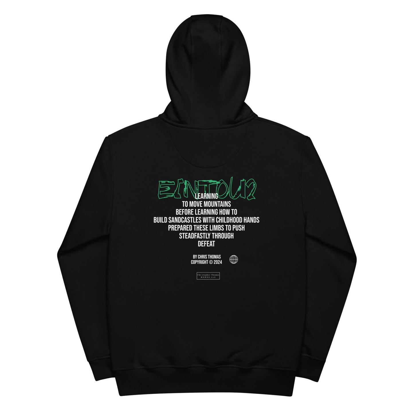 This 17th & Granville poetry hoodie is a wardrobe staple, featuring a striking design with green and white text on the back that reflects on enduring challenges, building skills, and overcoming defeat to achieve success. Crafted from organic cotton, it comes with a drawstring hood for a cozy and casual feel.
