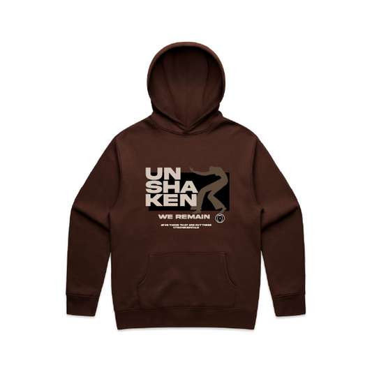 Brown hoodie with 'Unshaken' graphic on a white background