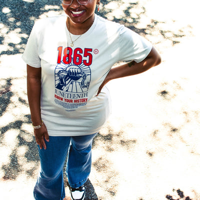 Model wearing the Juneteenth Know Your History tee with a matching Juneteenth snapback.