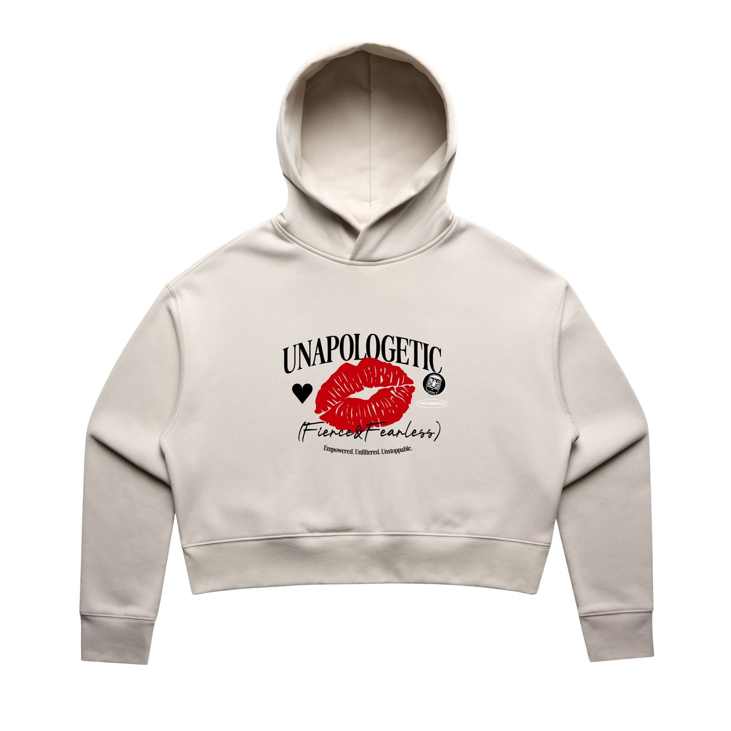 Unapologetic Fierce and Fearless crop hoodie in bone color.