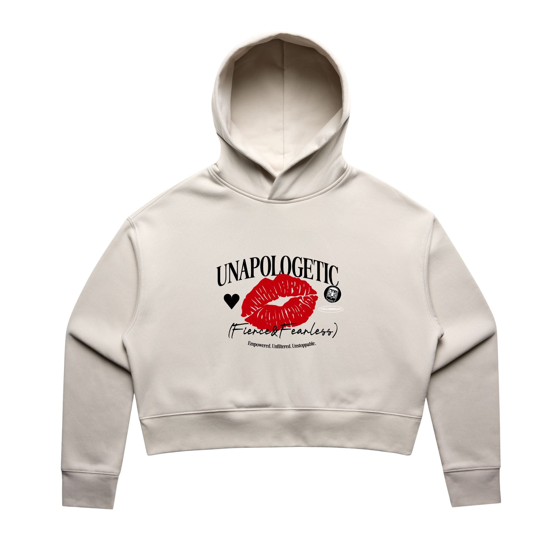 Unapologetic Fierce and Fearless crop hoodie in bone color.