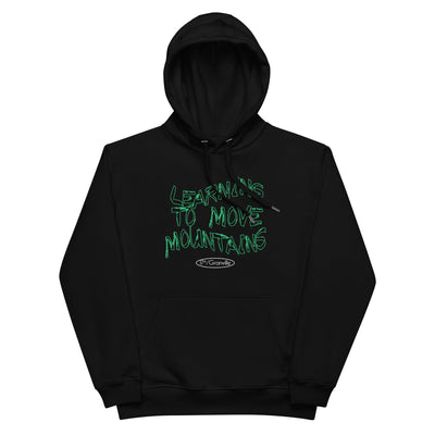 A black poetry hoodie from 17th & Granville showcases green graffiti-style text that says 