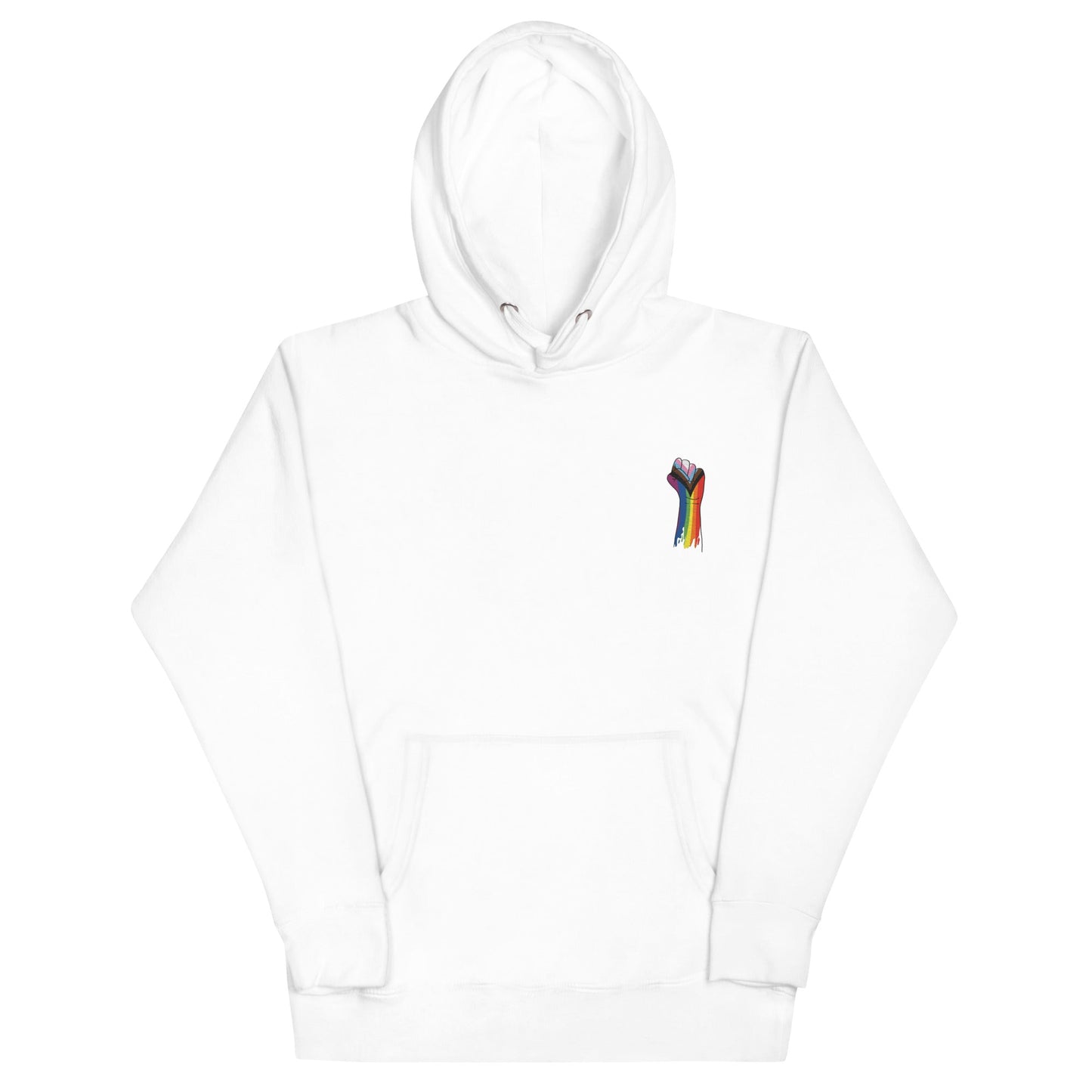 Pride hoodie featured in white and grey. Emblem on the upper left pocket area features an embroidered representation of a fist with progressive flag colors highlighting the movement towards diversity and inclusion for lgbtq+ individuals.